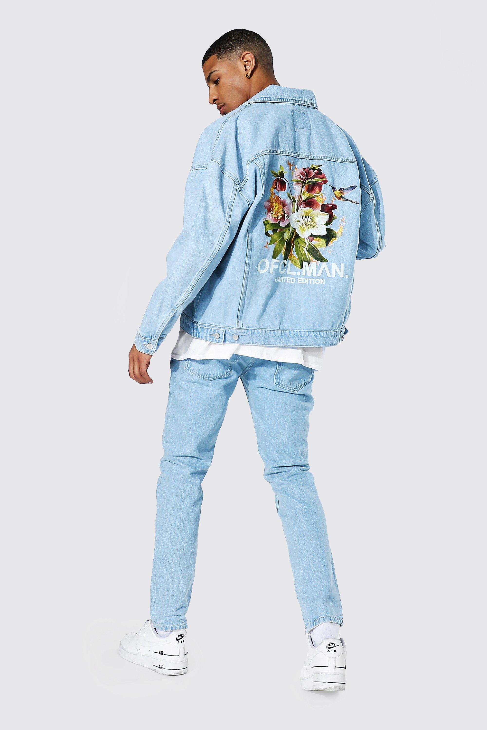 Veste en jean coupe oversize avec imprime fleurs au dos